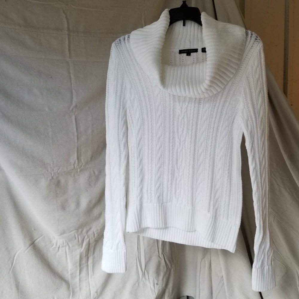 Cowlneck Sweater by Jeanne Pierre White Cable knit  Size S 100% Cotton